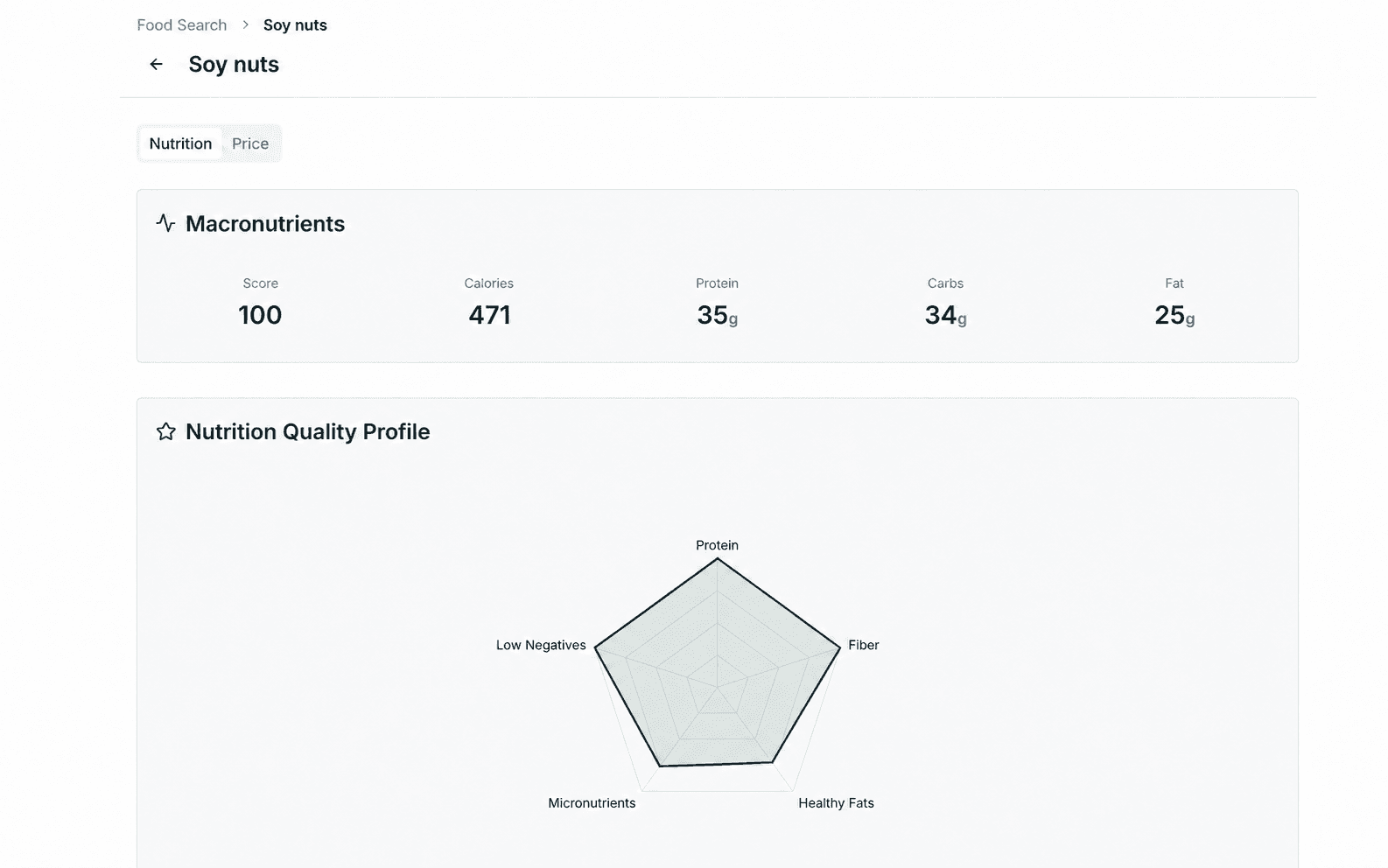 Example food detail showing a nutrition score and five-axis nutrition quality profile